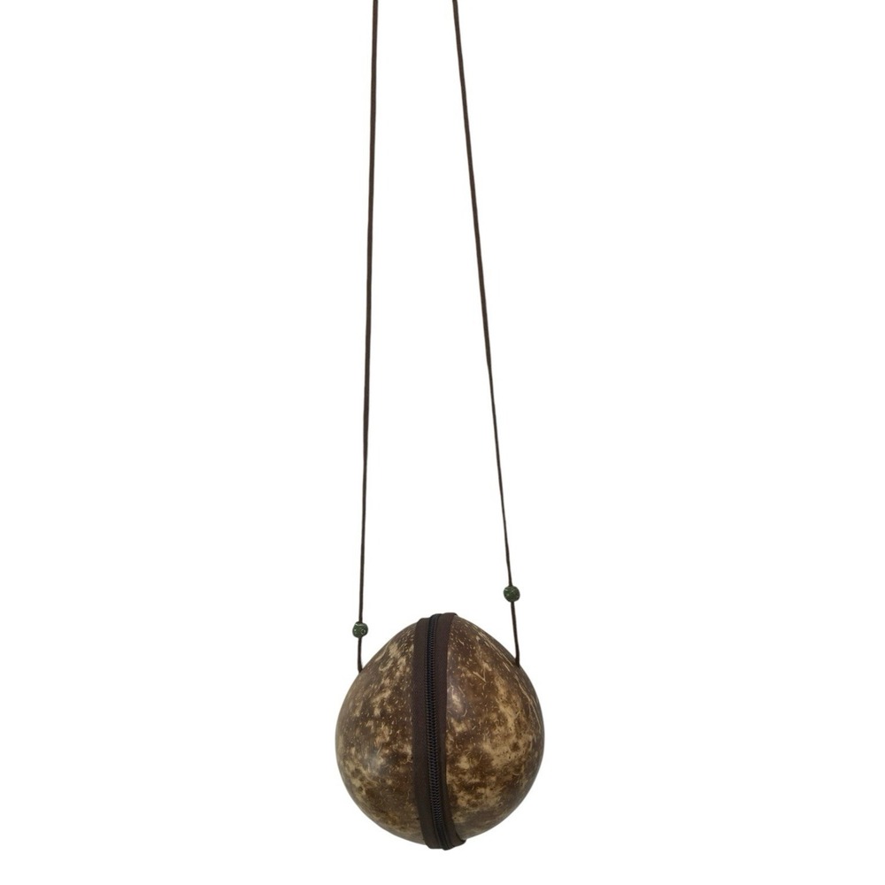 Vintage Coconut Shell Handbag Purse Crossbody Night Handbag Zip Drawstring 5"x5"